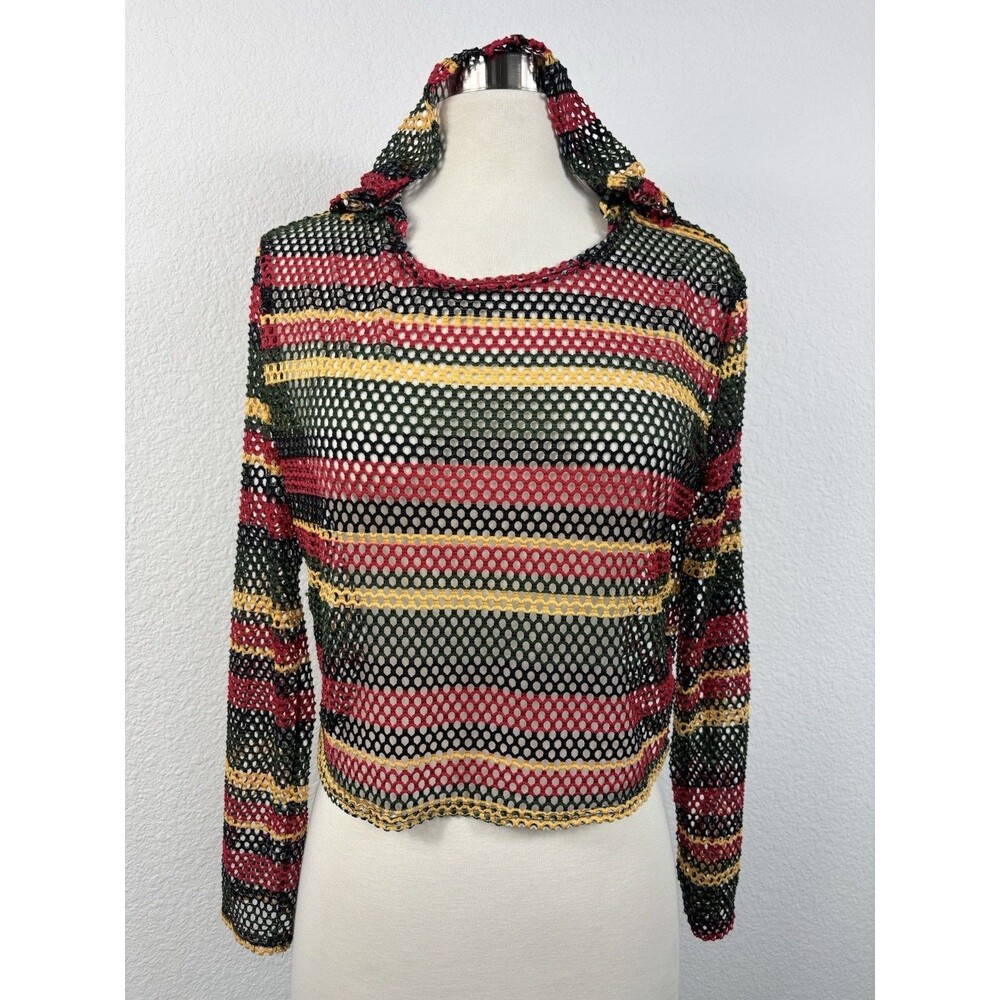 Vintage Objex Y2K Sheer Mesh Top L Hooded Rave Festival Multicolored Club 90s
